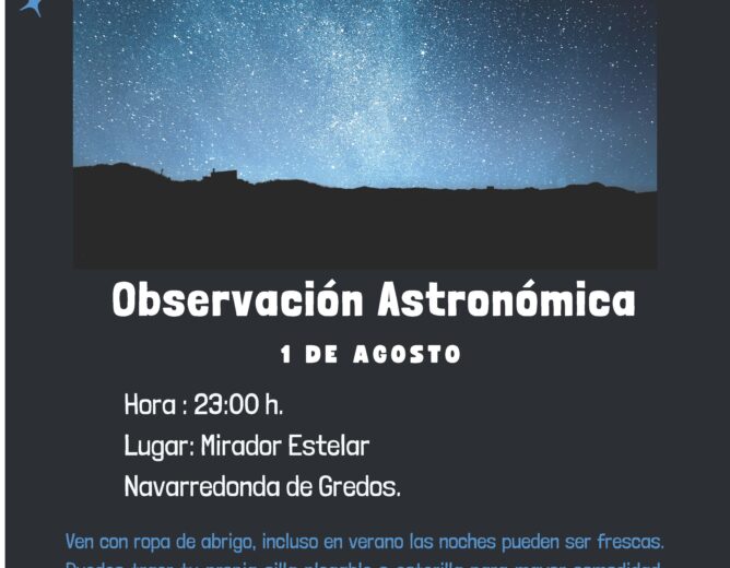 Observación Astronómica en el Mirador Estelar de Navarredonda de Gredos el día 1 de agosto de 2025 a las 23:00h.